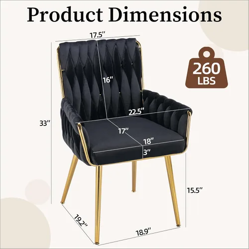 Miniatura 3 de Westice Silla de Escritorio de Terciopelo, Silla Cómoda Dorada para Oficina en Casa con Respaldo Tejido a Mano, Silla Giratoria de Altura Ajustable