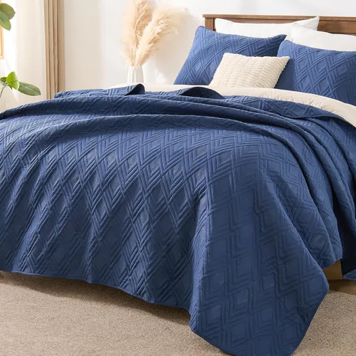 Miniatura 2 de EMME Juego de ropa de cama tamaño Queen, color azul marino, colcha suave y ligera prelavada, 3 piezas, acogedora colcha reversible de microfibra
