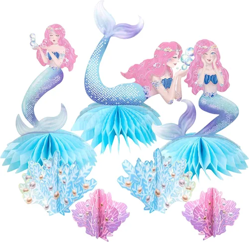 Decor365 Centro de mesa de sirena rosa y azul debajo del mar, decoración de cumpleaños para niñas, coral océano, temática de sirena, suministros