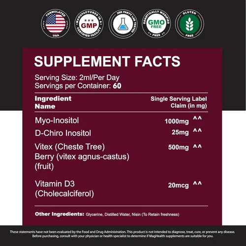 Miniatura 4 de Gotas líquidas de mio-inositol y D-Chiro inositol para mujeres, proporción 40:1, equilibrio hormonal y apoyo al ciclo, Vitex + Vitamina D3, 4 onzas