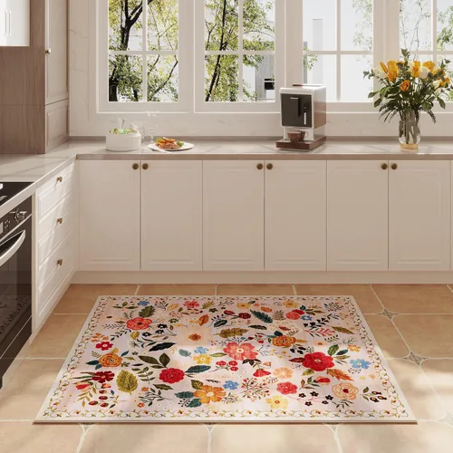 Miniatura 5 de Rugcomf Alfombra para Puerta Interior Entrada 2x3 Alfombra Lavable a Máquina Boho Floral Alfombra de Área Pequeña Antideslizante de Pelo Bajo