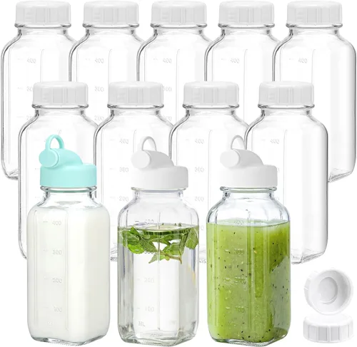 Miniatura 14 de CUCUMI 5 botellas de jugo de vidrio de 16 onzas con tapas, recipientes reutilizables para jugo, tarros de agua con cepillo, popotes de vidrio, tapas