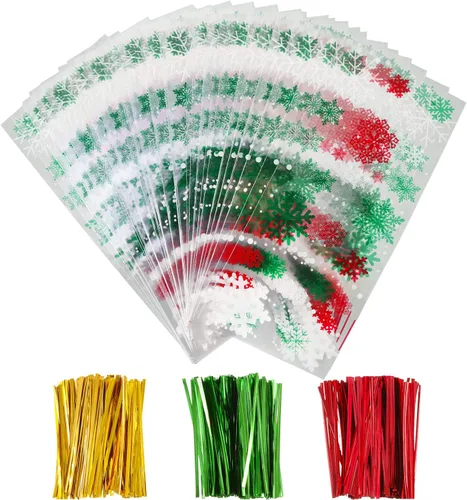Boao 100 Piezas Bolsas de Celofán Bolsas Bonitas de Golosinas Transparentes con 150 Piezas Lazos Torcidos para Suministros de Fiesta (Estilo