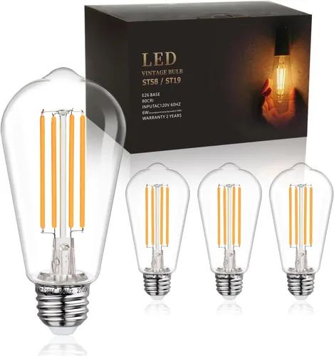 BORT Paquete de 4 bombillas LED Edison ST58/ST19, color blanco cálido, 2700 K, equivalente a 6 W, bombillas LED de filamento de 60 W, regulables,