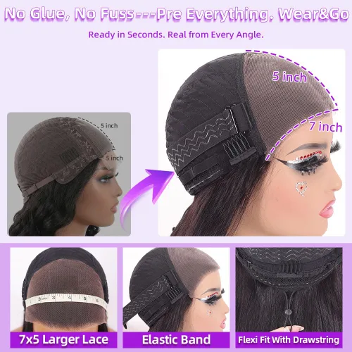 Miniatura 3 de Peluca de cabello humano sin pegamento con cordón para usar y llevar, precortada, densidad del 180%, 5x5, HD, transparente, encaje frontal, pelucas