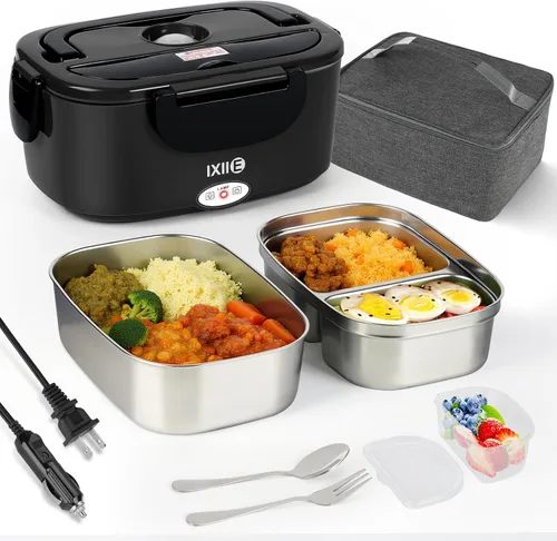 Miniatura 9 de IXIIE Fiambrera eléctrica de 80 W para adultos, calentador de almuerzo de 1.5 L con 2 compartimentos para camiones/coches/trabajo, lonchera térmica