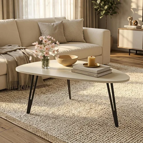 Miniatura 11 de Manora Mesa de Café Moderna y Simple de Madera con Patas de Metal Negro, Mesa de Té Ovalada para Sala de Estar u Oficina, Mesa Central Compacta