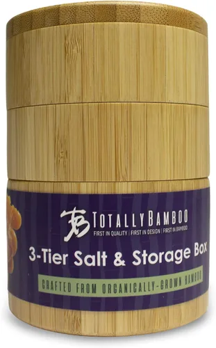 Miniatura 4 de Totally Bamboo Caja triple para sal – Caja de almacenamiento de bambú de 3 niveles para sal y pimienta con tapas giratorias magnéticas, soporte
