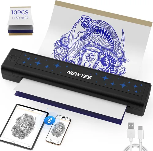 NEWYES - Kit de impresora térmica portátil inalámbrica para plantillas de tatuajes | For Tattoo Artists & Beginners, Matte Effect Clear Printing,