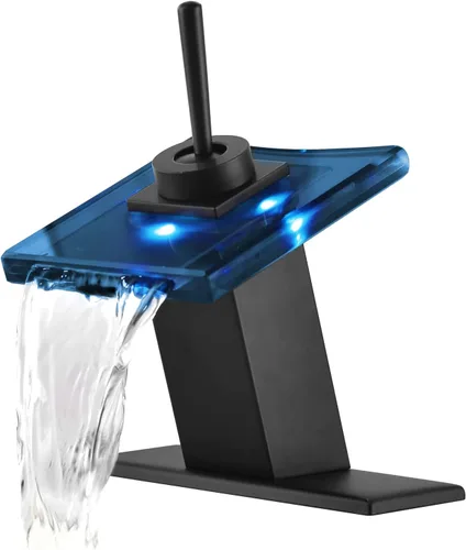 Miniatura 7 de Grifo de baño LED gris plomizo, cascada de baño, grifo alto para fregadero de 1 agujero, mango único, latón con mangueras de suministro de agua