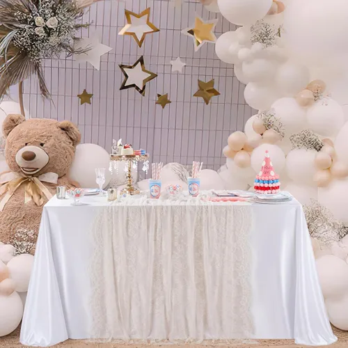 Miniatura 7 de Fanqisi Mantel de encaje azul de 5 piezas de 60 x 120 pulgadas, manteles de encaje clásico para boda, cubierta de mesa de fiesta para despedida