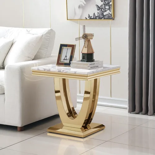 Miniatura 21 de SSLine Mesa de Centro Rectangular de Mármol Sintético para Sala de Estar, Mesa Central Moderna de Mármol Blanco de Lujo con Base Doble en Forma de U