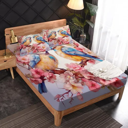 Miniatura 2 de Juego de sábanas tamaño individual – Juego de sábanas con estampado floral de pájaros, sábanas y fundas de almohada, microfibra suave y bolsillo