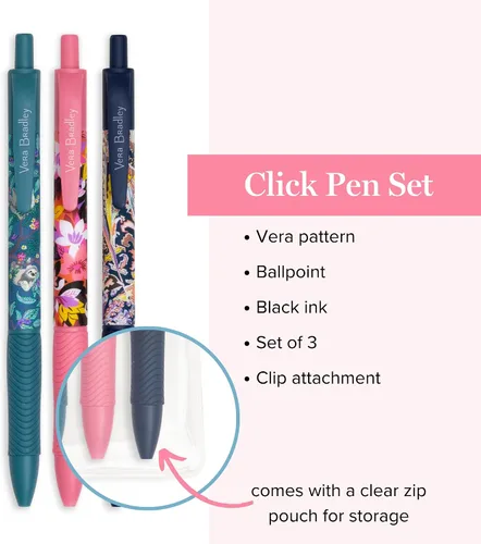 Miniatura 3 de Vera Bradley Juego de 3 bolígrafos de tinta negra, bolígrafos retráctiles coloridos, bolígrafos de plástico con bolsa con cremallera, otoño 21