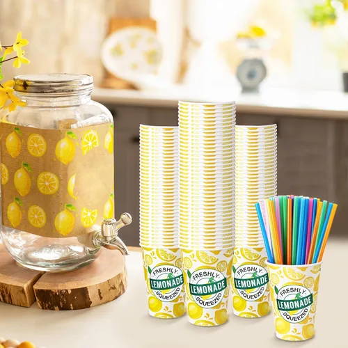 Miniatura 6 de Meanplan 300 piezas/100 juegos de vasos de limonada con tapas y pajitas, vasos desechables para fiestas, tazas de papel de limón, suministros
