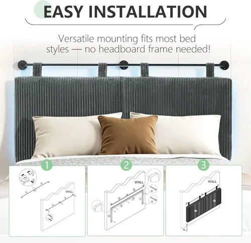 Miniatura 7 de Cabecera tamaño Queen, cabeceros modernos montados en la pared con luz LED para cama con tapicería cabecera colgante para dormitorio, con acolchado