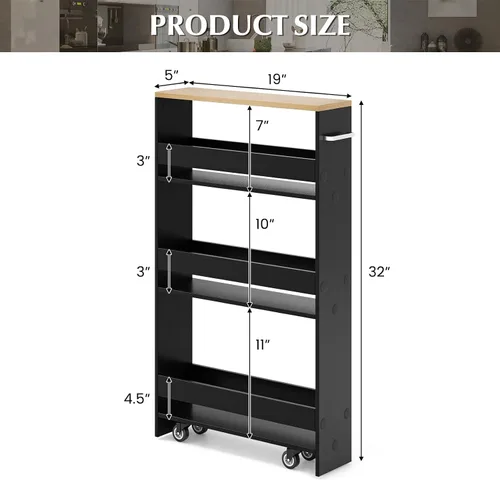 Miniatura 4 de LOKO Carrito de almacenamiento delgado, carrito rodante de 4 niveles con asa y parte superior de madera para cocina, baño, lavandería, sala de negro