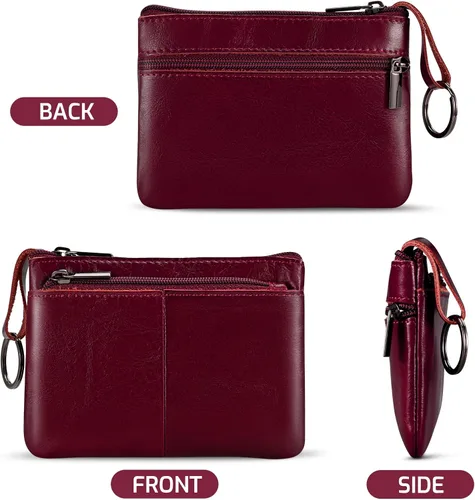 Miniatura 2 de Monedero de cuero genuino con triple cremallera para tarjetero con llavero, Rojo vino, Monedero