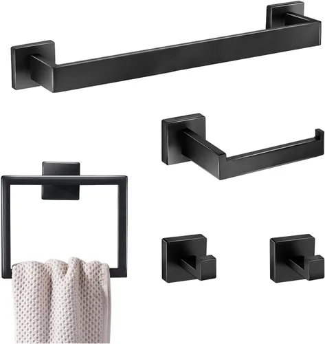 5 Pieces Bathroom Hardware Accessories Set 16 Inch Wall Mounted Towel Bar Set Matte Black Towel Rack Rings Stainless Steel Toilet Paper Holder Bath