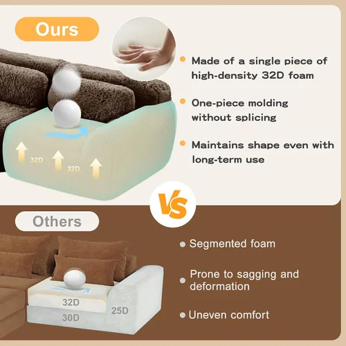 Miniatura 4 de Sofás de nube sin hueso de 80.4 pulgadas, tela de felpa suave y esponjosa, sofá cama modular con 2 otomanas, sofás de dos plazas de chocolate,