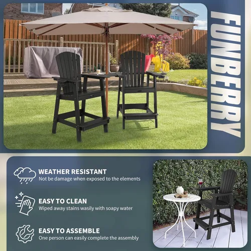 Miniatura 4 de FUNBERRY Juego de 2 sillas altas Adirondack con mesa de conexión extraíble, silla de balcón alta para todo tipo de clima con portavasos