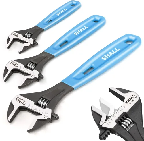 Miniatura 8 de Juego de 3 llaves ajustables SHALL, 10/8/6 pulgadas de acero Cr-V con empuñadura acolchada, llave de mandíbula ancha de óxido negro con escalas SAE