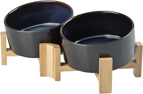Miniatura 23 de SPUNKYJUNKY Cuenco de cerámica inclinado de 15° para perros y gatos con soporte de madera, cuenco inclinado para comida y agua para bulldog Blanco