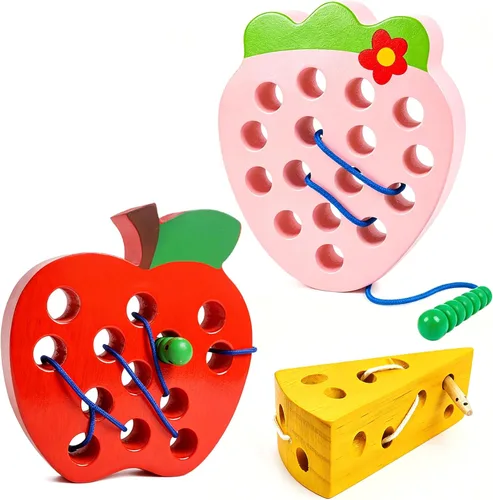 Miniatura 8 de Juguetes de cordones para niños pequeños, juguetes de viaje para bebés de madera con roscado de manzana, educación Montessori, aprendizaje