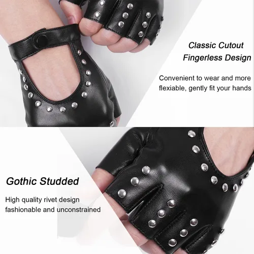 Miniatura 5 de FLORVIV Guantes negros sin dedos de piel sintética gótica gótica cosplay disfraz punk Halloween actuación para mujeres