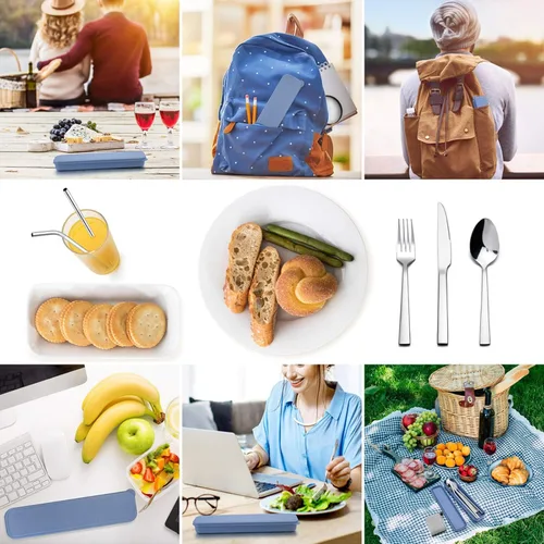 Miniatura 6 de HaWare Utensilios de viaje portátiles con funda, juego de cubiertos de acero inoxidable para camping, oficina, escuela, almuerzo, incluye cuchillo