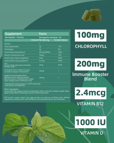 Miniatura 3 de Gomitas de clorofila para olor corporal, sin azúcar, 120 unidades, suplemento desodorante interno para mujeres/hombres con ACV Chlorella Spirulina