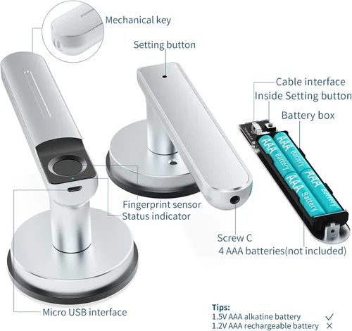 Miniatura 7 de Foxgard Cerradura inteligente de huella dactilar, perilla de puerta de entrada sin llave con asa, perilla de puerta biométrica
