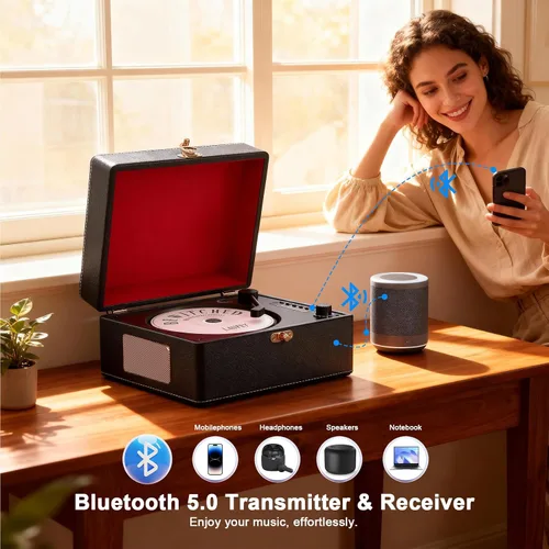 Miniatura 3 de Reproductor de CD portátil Bluetooth, reproductor de CD retro negro para reproductor de música en el hogar, batería recargable y altavoces