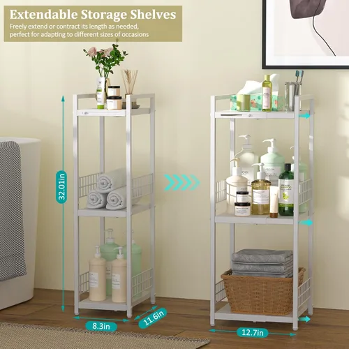 Miniatura 3 de DAOUTIME Estante de almacenamiento delgado expandible, estantería de metal de 3 niveles para organizador de almacenamiento de baño, estante estrecho