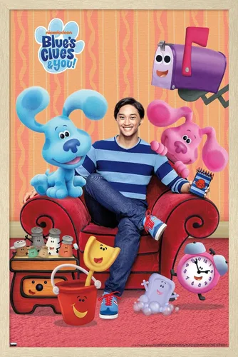 Miniatura 12 de Nickelodeon Blue's Clues - Póster de pared grupal, 22.4 pulgadas de largo x 14.7 pulgadas de ancho, versión enmarcada de madera de granero