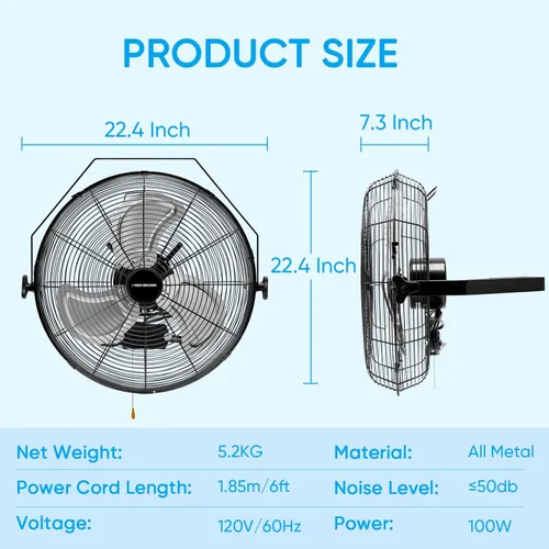 Miniatura 7 de KEN BROWN Ventilador industrial de montaje en pared de 18 pulgadas, ventilador de metal resistente de 4300 CFM, ventiladores oscilantes de alta