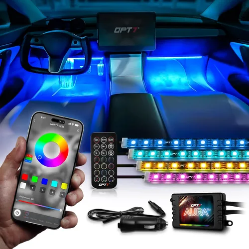 Miniatura 12 de OPT7 Aura Pro 4 piezas Tiras de luz LED dobles para interior de auto con APP y control remoto, modo multicolor, kit de iluminación de acento de neón