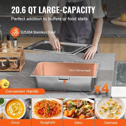Miniatura 3 de Vevor - Calentador de alimentos comercial de 4 bandejas, mesa de vapor eléctrica de 4 x 20.6QT, calentador de alimentos para buffet de catering
