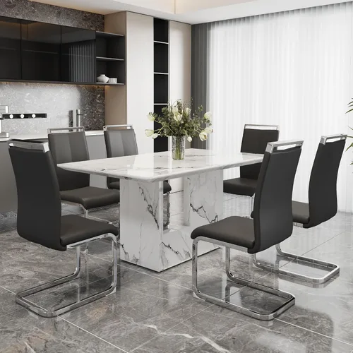 Miniatura 27 de Conjunto de mesa de comedor MUUOKY para 4, mesa de cocina de 63'' y sillas para 4, conjunto de mesa gris y 4 sillas modernas, adecuado para comedor