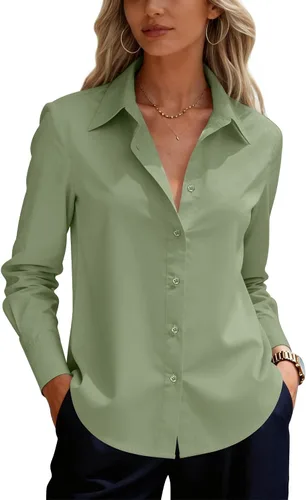 Miniatura 28 de siliteelon Camisas de vestir con botones para mujer, camisas de vestir de manga larga para mujer, camisas de trabajo de algodón de ajuste regular