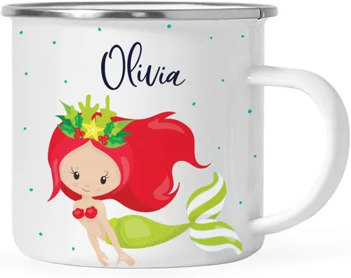 Miniatura 7 de Andaz Press Taza de café de acero inoxidable con nombre personalizado de 11 onzas para niños, diseño de sirena festiva, 1 paquete, taza de Navidad