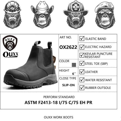 Miniatura 7 de Botas de trabajo Chelsea con punta de acero para hombre, botas de seguridad certificadas ASTM F2413-18, botas de construcción de cuero impermeables