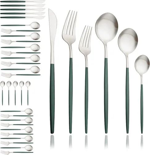 Miniatura 11 de JASHII Juego de cubiertos mate de 36 piezas con mango plano acabado satinado negro acero inoxidable cubiertos servicio para 6 para cocina casera