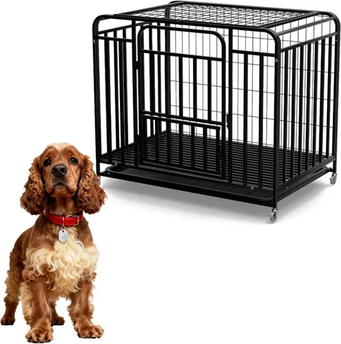 48 Inch Indestructible Escape Proof Dog Kennel with Wheels, High Anxiety Steel Indoor Dog Cage with Removable Tray, Heavy Duty Dog Crate Extra Large