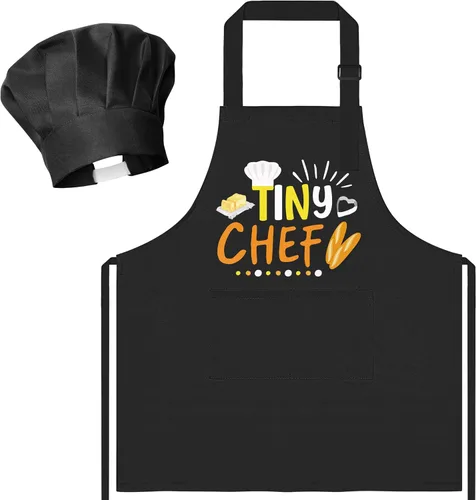 Miniatura 34 de R HORSE Juego de delantal y sombrero de chef para niños, 2 piezas, mini parrilla ajustable, delantal de cocina para niños, juego de rol, juguete