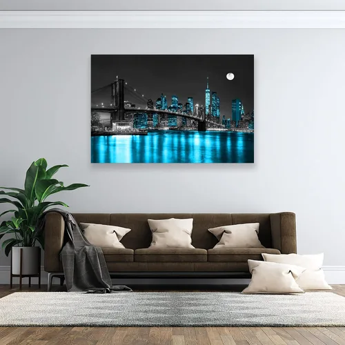 Miniatura 3 de Aibonnly Arte de Pared Pintura en Lienzo Negro, Blanco y Azul Puente de Brooklyn de Nueva York 1 Pieza Paisaje Urbano Nocturno Edificio Imagen