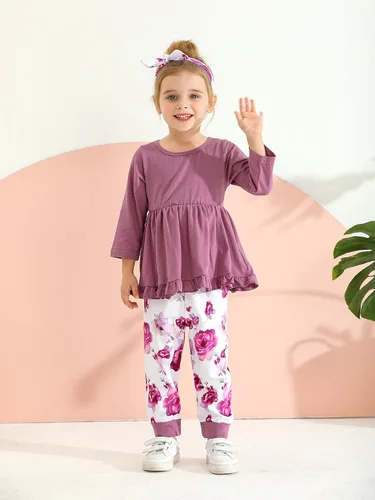 Miniatura 4 de Kulcerry Conjunto de ropa para bebé niña pequeña, color liso, manga larga, volantes, pantalones, diadema