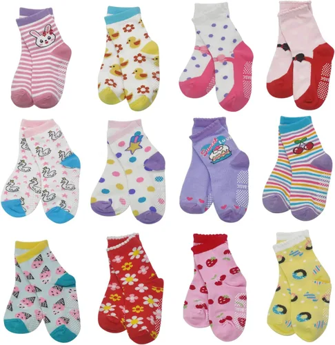 SkiBeaut Calcetines antideslizantes para niños y niñas de 1 a 7 años, 12 pares de calcetines para niños y niñas