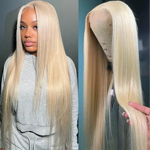 Miniatura 8 de Lovestory Peluca de encaje frontal larga y recta color blanco platino, predepilada, rubio platino, pelucas de encaje frontal sintético para mujeres