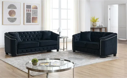 Miniatura 15 de Juego de 2 sofás modernos de terciopelo Chesterfield de 77" para 3 plazas + 59" loveseat, tapizados con respaldos capitoné con brazos de tachuelas